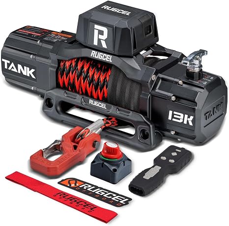 RUGCEL WINCH 13500 lb Synthetic Rope, 12V IP68 Waterproof with Wireless & Wired Remote, Heavy-Duty for Trucks, SUVs, Trailers, Off-Road - Tank Series