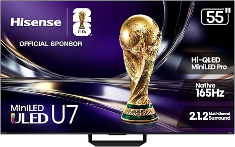 Hisense 55" U7 Mini-LED ULED 4K UHD Best Premium Gaming Google Smart TV (55U7SG, 2026 NEW) - Hi-QLED, Native 165Hz, VRR 330, HDR10+, Dolby Vision IQ·Atmos, IMAX Enhanced, Anti-Reflection, 2.1.2 Ch