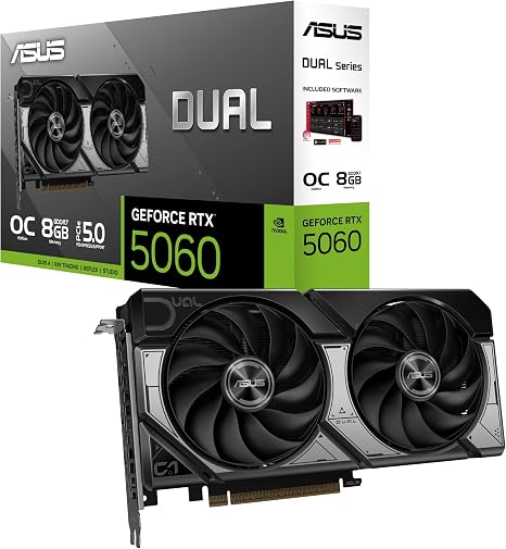ASUS Dual NVIDIA GeForce RTX 5060 8GB GDDR7 OC Edition (PCIe 5.0, 8GB GDDR7, DLSS 4, HDMI 2.1b, DisplayPort 2.1b, 2.5-Slot Design, Axial-tech Fan Design, 0dB Technology), 3 Year Warranty