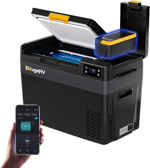 BougeRV 12V Refrigerator, CRX3 30 Quart -4℉~68℉ Portable Car Fridge | Electric Cooler 240Wh Detachable Battery, APP Control, 12/24V DC 100-240V AC, 35dB Low Noise, Camping Overlanding RV Truck