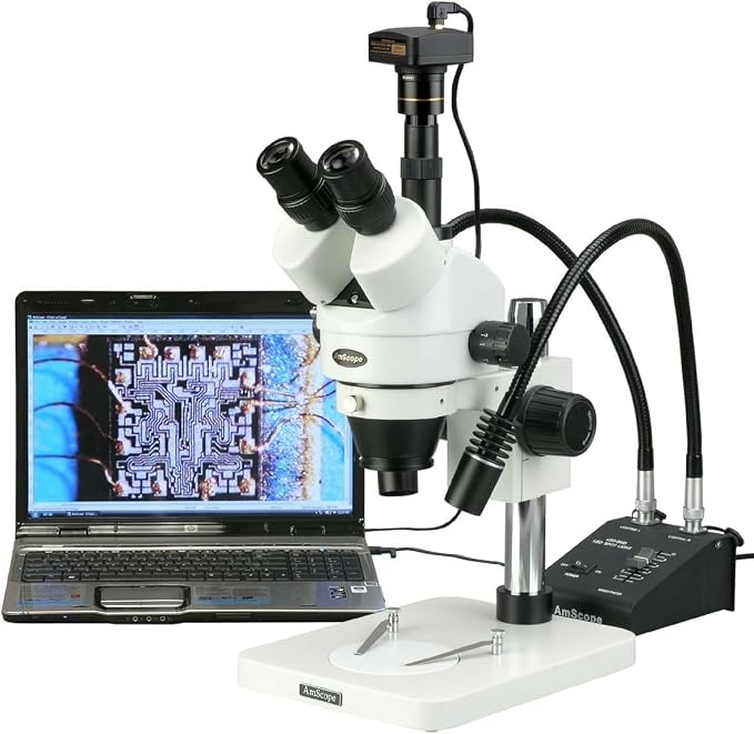 AmScope SM-1TSW2-L6W-M Digital Professional Trinocular Stereo Zoom | 3.5X-225X Magnification Range 1.3MP CMOS Sensor USB 2.0 Connectivity 0.5X Reduction Lens Included Flexible Gooseneck