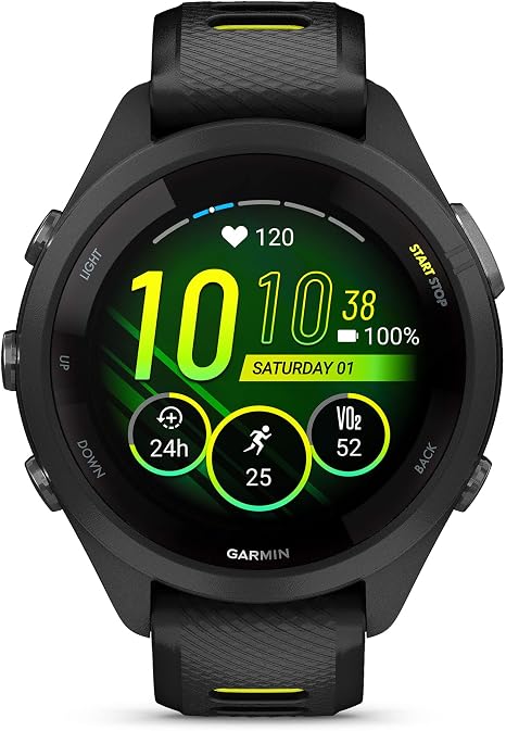 Garmin Forerunner 265S Running Smartwatch, Colorful AMOLED Display, Training Metrics and Recovery Insights, Black and Amp Yellow, 42 mm (Renewed)