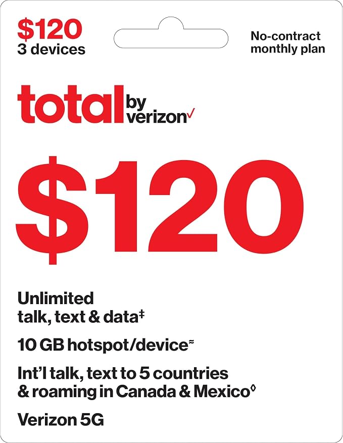 Total by Verizon $120 - Unlimited Talk and Text, 5G Data and HS / 3-Line Plan/Monthly