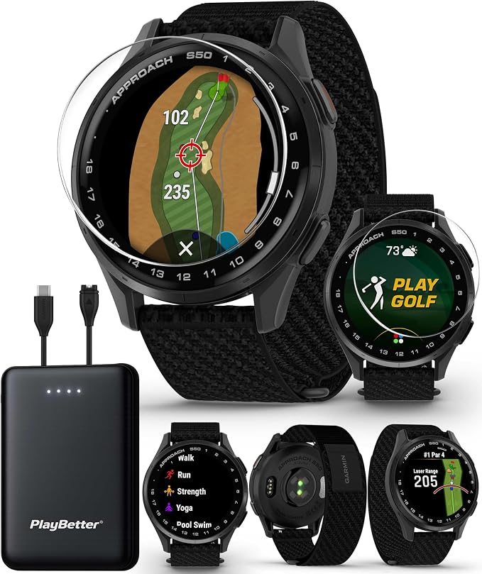 Garmin Approach S50 (Slate/Black) Golf GPS Watch PlayBetter Bundle | 1.2" AMOLED Display, 43K+ Courses, PlaysLike Distance, 15H Battery | Includes 5000mAh Portable Charger & Screen Protectors