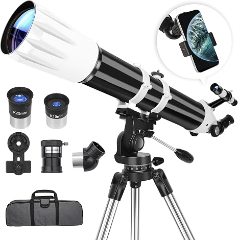 Hawkko 90mm Aperture 900mm Telescope for Adults High Powered | Multi-Coated Professional Refractor Telescope for Astronomy Beginners (36X-270X) with AZ Mount, Carry Bag, Phone Adapter