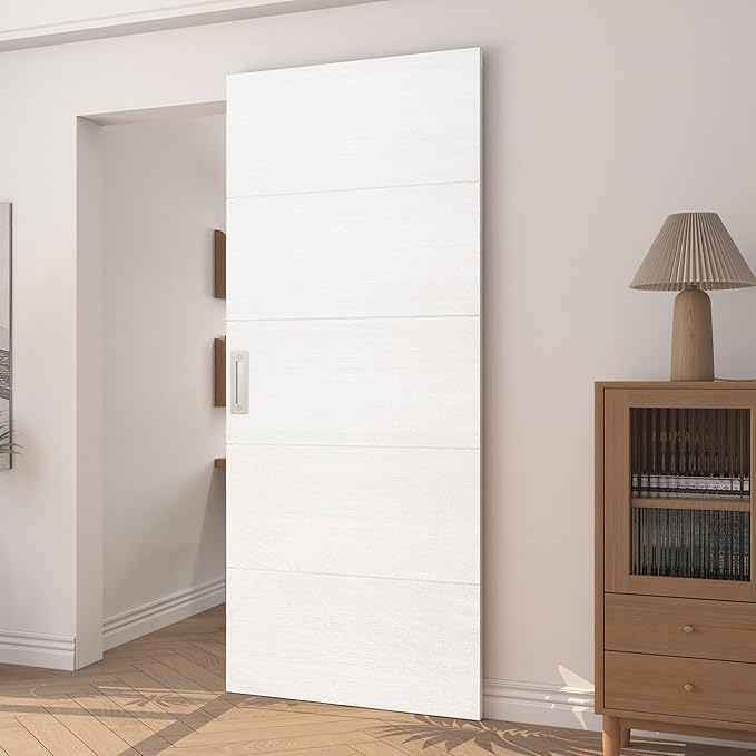 JUBEST 36"x84" Concealed Sliding Barn Door with Horizontal Groove and Soft Close Hardware Kit, White Flush Hidden Door for Opening 32"-34"x80", Waterproof and Smooth Sliding, for Interior Using