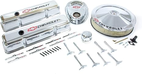 Proform 141-900 Chrome Engine Dress-Up Kit with Black Chevrolet/Red Bowtie Logo for Small Block Chevy