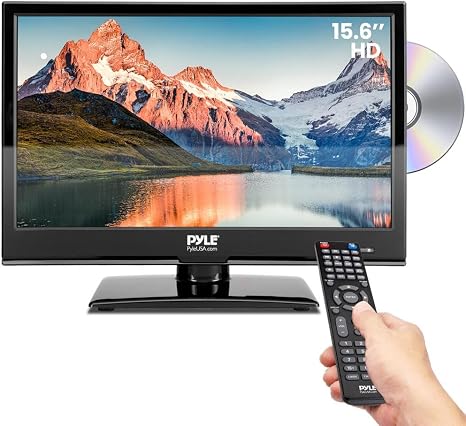 Pyle 15.6 Inch 1080p LED RV Television - Slim Flat Screen Monitor FHD Small TV w/HDMI, RCA, Multimedia Disk/DVD Combo, 12/24 Volt Car Adapter, Wall Mount, Works w/Mac PC, with Remote Control, Black