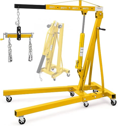 Engine Hoist with Lever, 2 T 4000 Lbs Heavy Duty Folding Cherry Picker Engine Lift Hydraulic Tilting Engine Shop Crane with 6 Iron Caster Wheels Telescopic Boom Hitch, Yellow