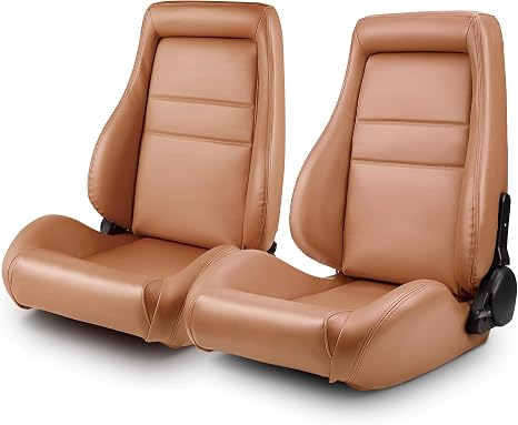 Universal Reclinable Racing Seats Pair - Classic OBS Style Plain Brown PVC Leather, Adjustable Backrest with Dual Sliders, Water-Resistant for Cars & Trucks (Not Including Seat Bracket)
