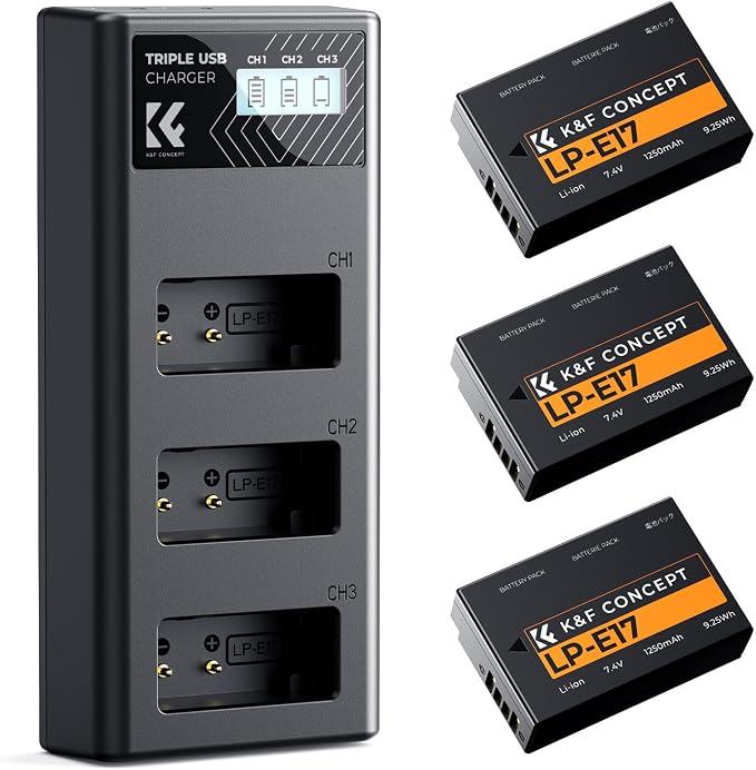 K&F CONCEPT 3-Pack LP-E17 Battery and Upgraded 3-Slot LCD Charger Compatible with Canon EOS R50 R100 RP R10 R8, Powershot V1, T8i T7i T6i T6s SL2 SL3 M3 M5 M6 200D 750D 760D 800D 8000D Camera