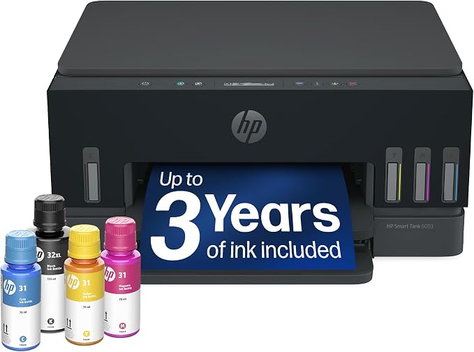 HP Smart Tank 6003 Wireless All-in-One Ink Tank Printer, Scanner, Copier with up to 3 Years of Ink Included, Best-for-Home, Cartridge-Free Refillable, AI-Capable (D35XXA)