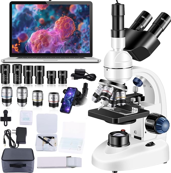 Trinocular Microscope 40X-5000X Magnification, Microscope for Adults, Laboratory Grade with Dual Mechanical Stage and HD USB Camera Microscope
