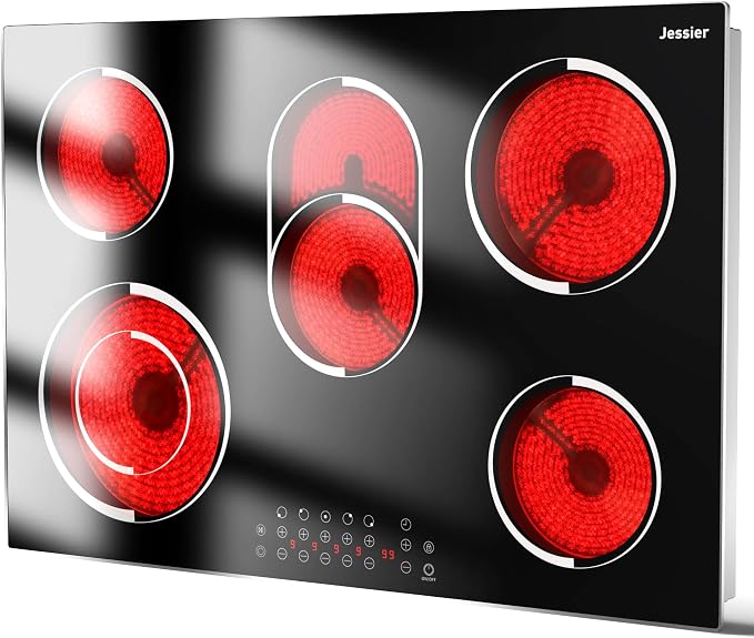 30 Inch Electric Cooktop - 30 Inches Electric Stove 8400W, 5 Burner Ceramic Stovetop Built-in(29.13"x19.3") with Metal Frame, 99 Mins Timer, Safety Lock, Dual Ring, 220V Hard Wired (No Plug)