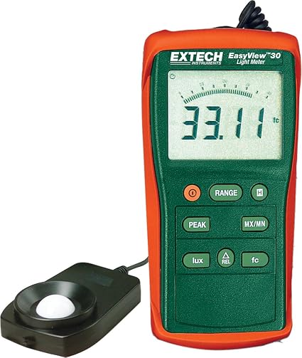 Extech EA30 EasyView Wide Range Light Meter, 40000 Fc, 400000 Lux | 40000 Fc (4 ranges), 400000 Lux (5 ranges), peak hold, relative, cosine and color corrected, backlit