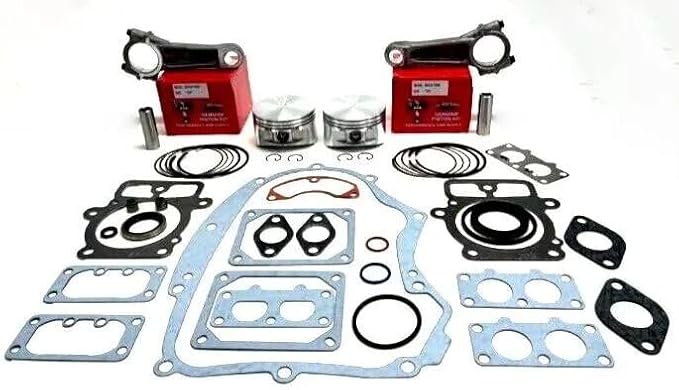 Engine Overhaul Kit Two Pistons,Connecting Rods, and Complete Gasket Kit Compatible with Briggs & Stratton 44 Cubic Inch V Twin Intek Engines #792023 Pistons, silver