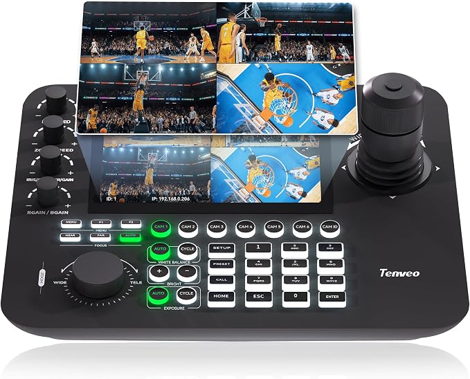 Tenveo NDI PTZ Camera Joystick Controller, 7’’ LCD Quad-Screen Real-time Preview, 4D Joystick Controller, NDI License Included, Support NDI PoE VISCA Pelco-D/P For Church Worship Live Event Streaming