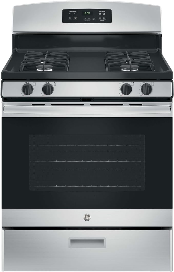 GE 30-Inch Freestanding Gas Range with 13,000 BTU Power Boil Burner, Continuous Grates, Stainless Steel