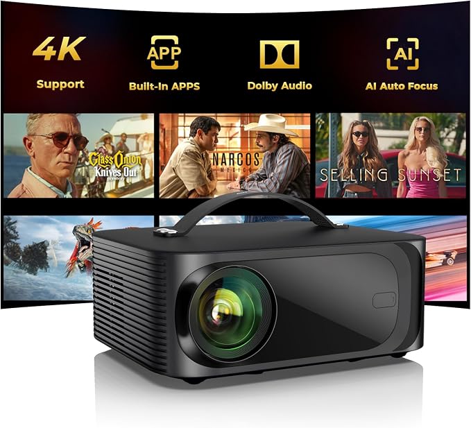 Outdoor-Projector-4K with WiFi and Bluetooth, Portable Built-in Apps | High Brightness, 50W Dolby Audio, AI Auto Focus and Keystone, ONOAYO Smart OS 2.0, Smart Proyector for Bedroom/Ceiling/Camping