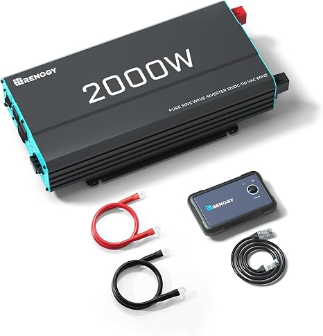 Renogy Inverter P2 2000W Pure Sine Wave Inverter 12V DC to 110V AC Converter, Off-Grid Solar Power Inverters for Vehicles, Truck, RV, Home, with Built-in 5V/2.1A USB/Hardwire Port, Remote Controller