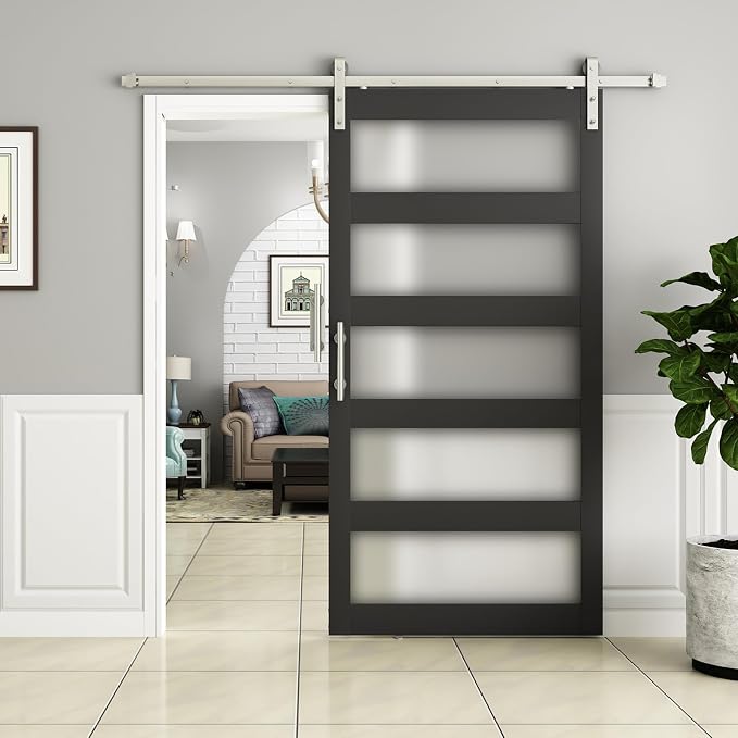 BARNSMITH 48in x 96in Glass Barn Door with 8FT Nickle Sliding Door Hardware Included, 5-Panel Frosted Glass Sliding Barn Door, Solid Wood Covered with Water-Proof PVC Surface, Easy Assembly, Black