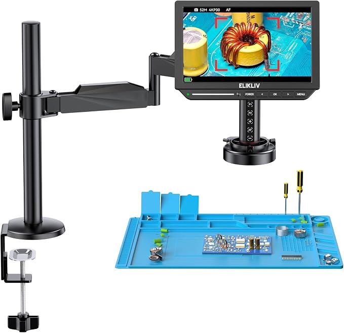 Elikliv Autofocus 4K HDMI Digital Microscope, 10.1" EM4K-AF Flex Arm Scope | Ring Lights Soldering Microscope, 2000x IPS 52MP Watchmaking Magnifier, Whole Coin View for Coin Collectors, Repair Mat, 16G