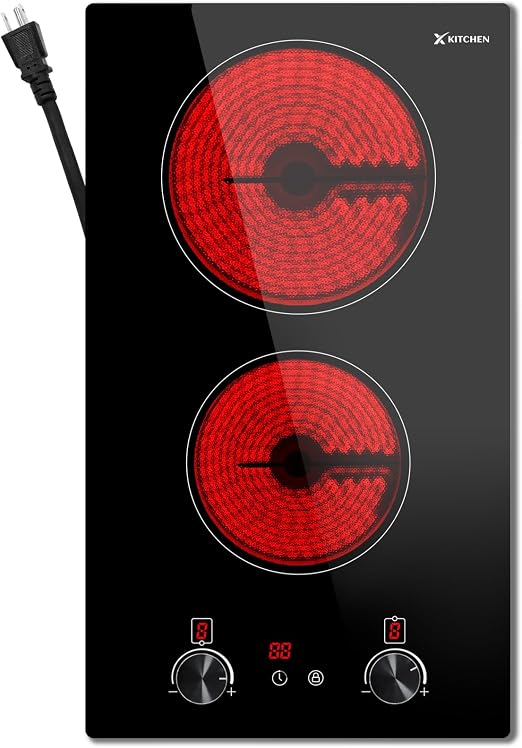 2 Burners Electric Cooktop 12 Inch w/Plug Ceramic Cooktop w/Knob Control