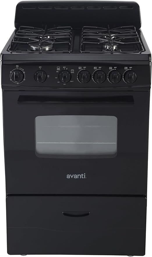 Avanti Gas Range Oven, Compact Freestanding Design, 4 Sealed Burners with Electronic Ignition, 2.6 Cu.Ft. Capacity Features Storage Drawer Broiler and Accessories, 24-Inch, Black