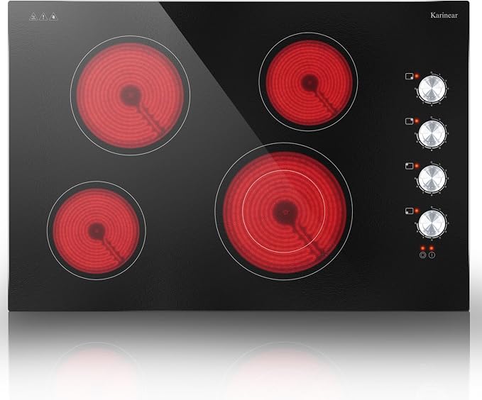 Karinear 30 Inch Electric Cooktop 4 Burners, Knob Control Ceramic Cooktop