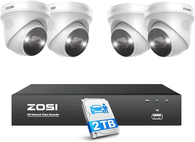 ZOSI 4K Spotlight PoE Security Camera System, 4pcs 5MP Outdoor Cam, 2TB HDD | Person Vehicle Detection, 2 Way Audio, Color Night Vision, H.265+ 8CH 8MP NVR for Home 24/7 Recording, Remote Access