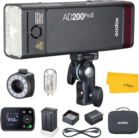 GODOX AD200 Pro II AD200Pro II TTL Pocket Flash Strobe, 200Ws Outdoor Flash | 1/8000s HSS Speedlite, Improved Heat Dissipation, One-Tap Wireless Sync, 500 Full Power Flashes, 40W Bi-Color Modeling Light