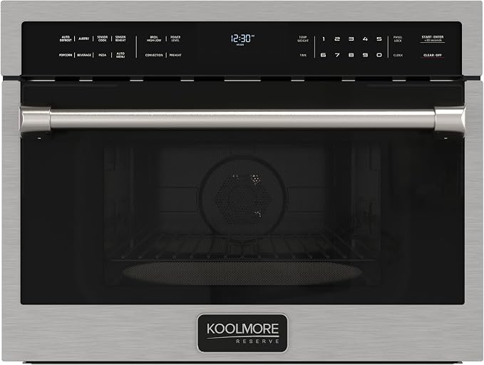 KoolMore Reserve Built-in Microwave Convection Oven with Air Fry, 3-in-1 Combo, Sensor Cook, Soft-Close Door, Stainless Steel, 24 in. / 1.6 cu. ft. with NEMA 5-20P Plug in Black