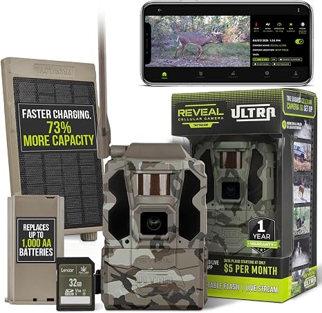 TACTACAM Reveal Ultra Cellular Trail Camera – 4K Photo, 1080P Video, Live Streaming, GPS, Low-Glow/No-Glow Flash, LTE – Includes Solar Panel, Lipo Lithium Battery Pack, & 32GB SD Card