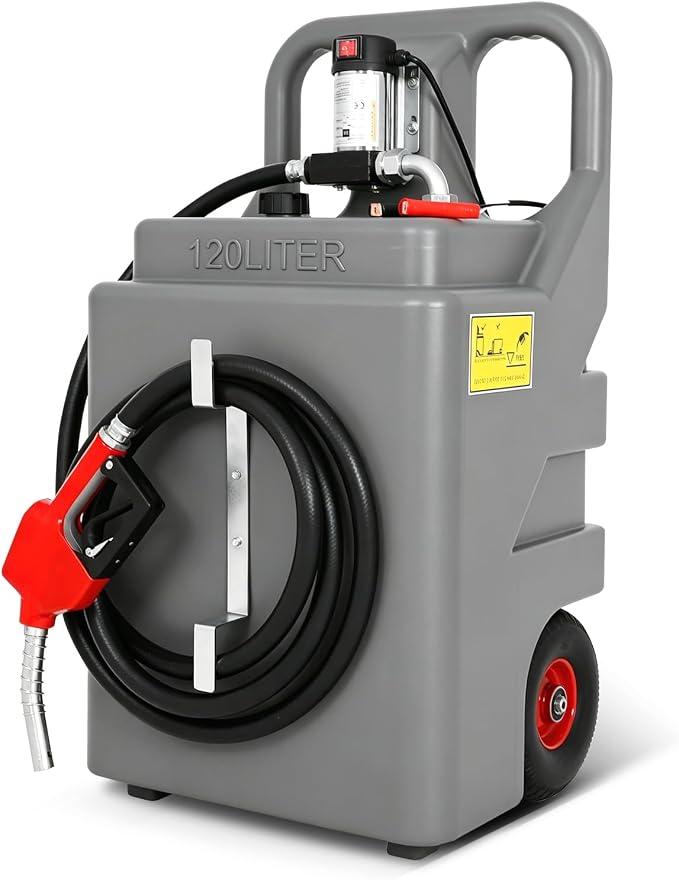Diesel Fuel Caddy Tank 32 Gallon, Portable Diesel Caddy Tank with 12V 10GPM Electric Fuel Transfer Pump, Auto Fueling Nozzle, 13ft Hose, Sturdy Wheels