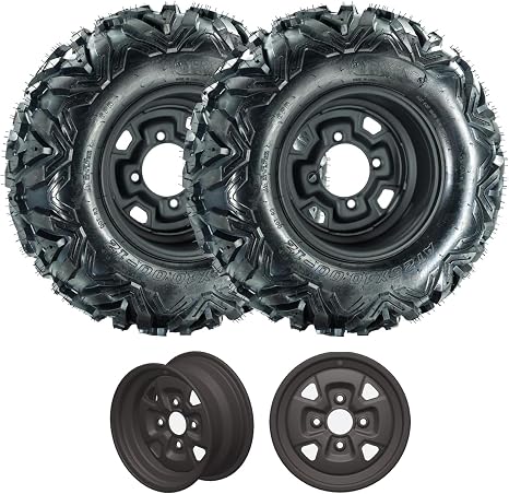 ATV/UTV Tires 25x10-12, 25x10x12 ATV Tires and Wheels Set, 6PR, 4x156 Bolt Pattern, 4+3 Offset, Compatible With UTV ATV Off-Road Vehicles, Set of 2