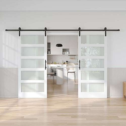 Double 36x84 Glass Barn Doors Double Door with Hardware,5 Panels