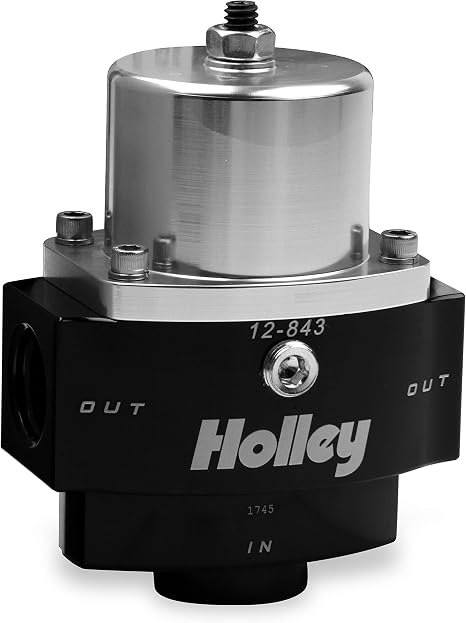 Holley 12-843 10AN Inlet / 2 x 8AN Outlet 4.5-9 PSI Adjustable Billet Fuel Pressure Regulator, Black Anodized