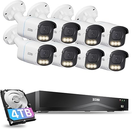 ZOSI C186 16CH 4K NVR with 8 x 5MP Audio PoE Bullet Camera System, 4TB HDD