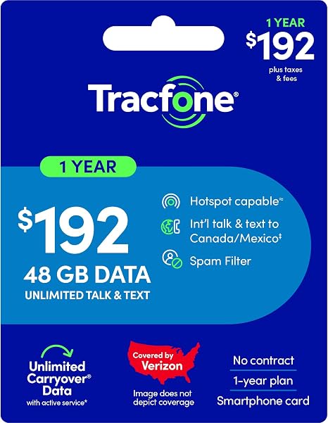 Tracfone $192 Unlimited Talk & Text, 48 GB of Data / 365 Days (Physical Card)
