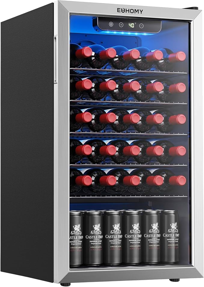 EUHOMY 128 Can Wine Cooler Refrigerator, Wine Fridge Glass Door, Silver