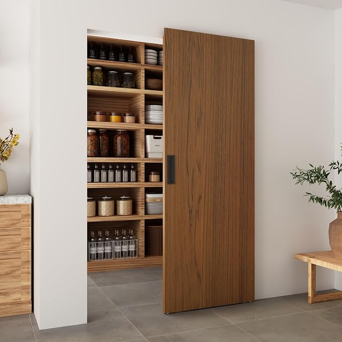 BARNSMITH 32"x86" Concealed Sliding Barn Door with Soft Close Mechanism, Brown Hidden Barn Door, Waterproof Vinyl Wrapped, Fits Opening Width 24"-28", Widely Used