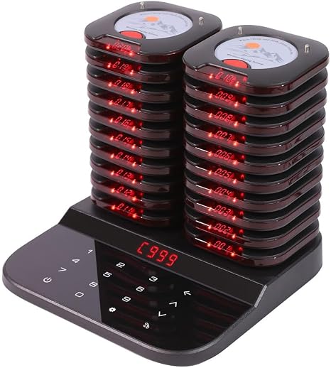 AGJ Restaurant Pager System Touch Keyboard Wireless Calling System 20 Pagers Beeper Buzzer Guest Customer Queue Pagers for Food Truck Church Nursery Clinic Coffee Shop with Buzzer Vibration Flash
