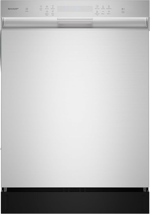 Sharp SDW6504MS Stainless Steel Dishwasher, 24-inch Pocket Handle, 52 dB, Hybrid Tub, 12 Place Settings, 5 Cycles, Heated Dry