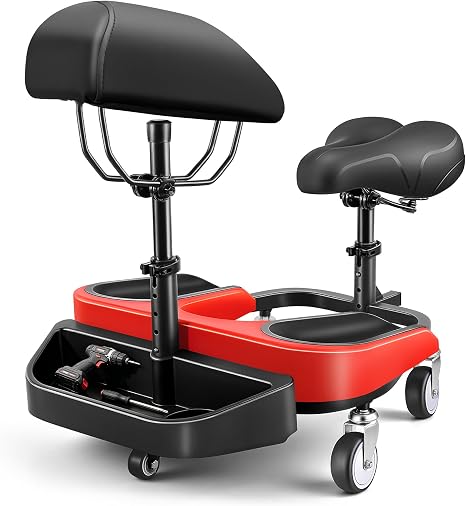 Kneeling Sitting Creeper with Chest Support, Rolling Knee Pads with Adjustable Seat & Tool Tray, 3-Inch Multi-Terrain Casters & Anti-Flip Protection for Tile Flooring, Auto Repair & Gardening