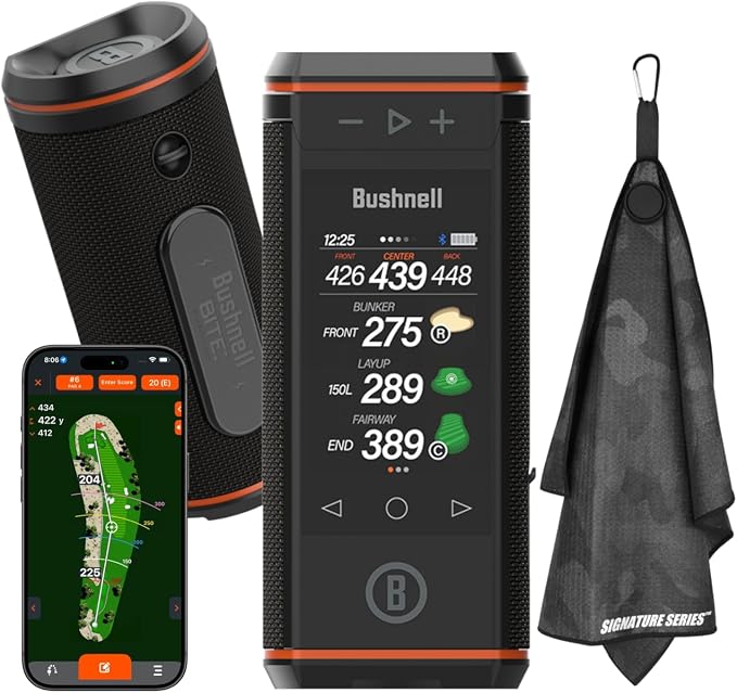 Bushnell Golf Wingman HD GPS Speaker with Color Touchscreen, Audible and Visual Front/Center/Back with Powerful 360 Degree Audio, Hazard Distances. Full Hole View and Signature Series Golf Towel