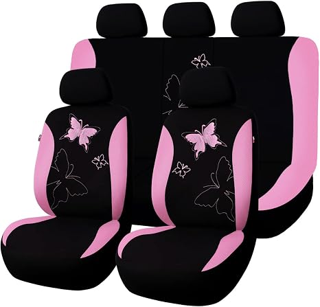 Flying Banner Butterfly car seat Covers ful Set Fashion Universal Lady Woman Female Rear Bench Split Colorized (Pink, Full Set - Lace)