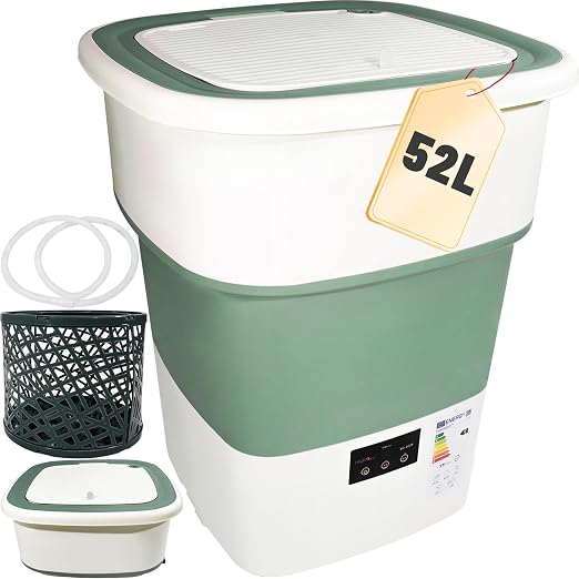 Portable Washing Machine, 52L Large Capacity Foldable Mini Washer with Spin Basket, Adjustable Wash 2–10 Min & Spin 1–6 Min Timer, for Apartment, RV, Camping, Dorm, Travel (Green)
