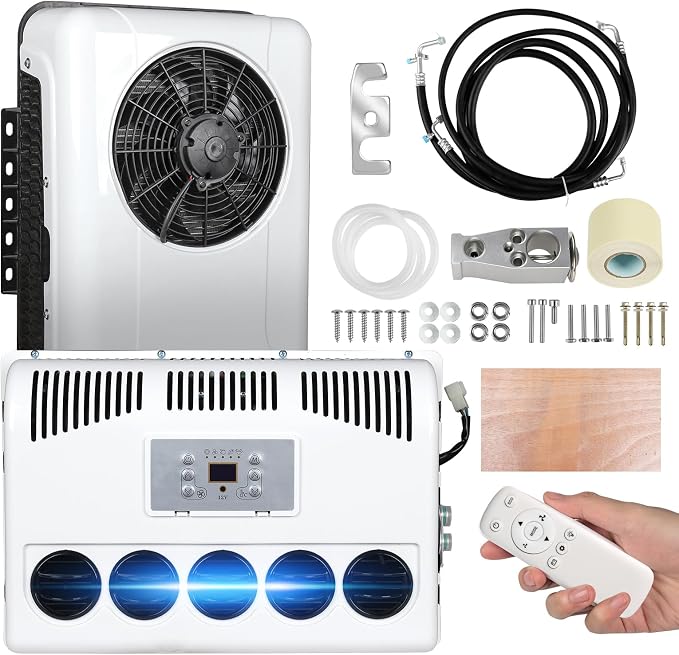 12V Universal Electric RV Air Conditioner, 12000 BTU Split AC Unit, Quiet, for RV Caravan, Semi-Truck, Tractor, Crane, Pickup, Excavators