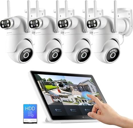 Wireless Security Camera System with 10" Touchscreen Monitor, 2K Dual Lens