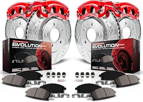 PowerStop Front and Rear Brake & Caliper Kit for Jeep Grand Cherokee 1999-02 - Carbon-Fiber Ceramic Brake Pads + Drilled & Slotted Rotors + Red Powder Coated Calipers, KC2148